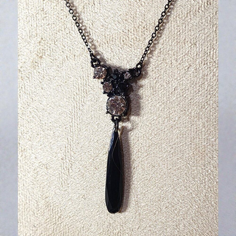 Vintage Avon Gunmetal Y-Necklace - Black Teardrop & Rhinestone Lariat - Goth Gla